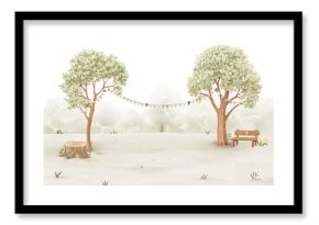 Cute watercolor landscape with green trees decorated with garland of flags, lawn with bench and beautiful big tree stump. Hand-drawn template for your cartoon wallpaper design, mural or background.