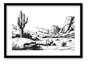 Desert landscape sketch with cactus, rocky cliffs, and distant mesas — stock vector