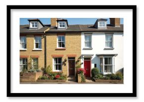 Terraced houses with yellow brick, white walls stand under bright sunny day. Front gardens bloom with colorful flowers, green plants. Traditional UK architecture with dormer windows, distinct doors