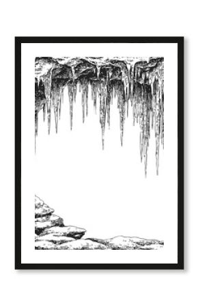 Stalactites sketch hand drawn cave ceiling mineral formations with rocky floor — stock vector