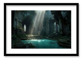 Ancient temple ruins illuminated by cascading sunlight with moss-covered stones and a serene turquoise pool surrounded by lush greenery and vibrant ferns.