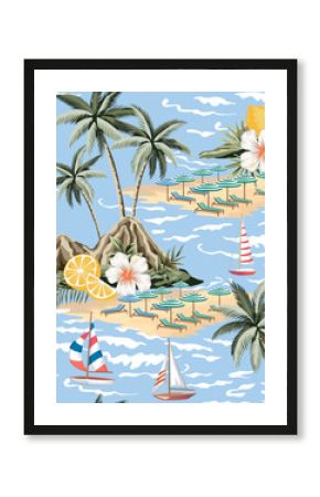 Sand coast, beach, mountain, lounge chair, umbrella, sailboat, lighthouse, lemons, sea wave, hibiscus flower, island seamless pattern. Summer resort print.