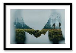 Double exposure image of handshake silhouette with grassy texture and wind turbines, symbolizing green energy partnership and sustainability Generative AI