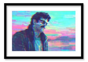 A man wearing sunglasses stands by the water, surrounded by a colorful, retro landscape at sunset, combining vibrant hues and digital aesthetics.