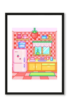 Pixel Art Pastel Kitchen Background. Cute Strawberry-Theme Retro 8-Bit Interior with Pink Checkered Walls, Vintage Fridge, Open Shelves, Window with Curtains, Sink and Dishes, Cozy Cabinets