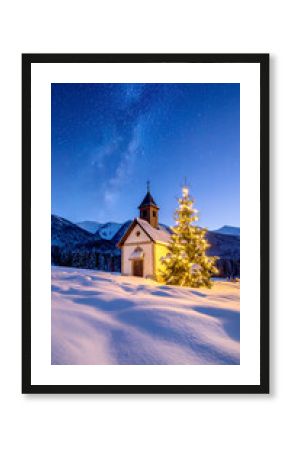 Kapelle mit geschmückten Tannenbaum in Winterlandschaft 