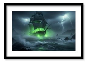 Ghost ship sailing on stormy sea with green glow and lightning. Fantasy adventure and mythical legend concept for a scary Halloween night.