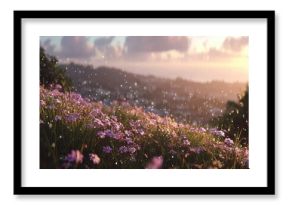 A serene field of pink flowers during golden hour with a hillside cityscape backdrop, evoking feelings of peace, tranquility, and the beauty of nature.