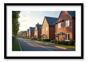 Row of modern brick detached houses line quiet suburban street. New home features green lawn, neat bushes. Paved road extends with young trees, hedge. Afternoon sun illuminates residential property