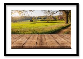 Workspace featuring a decorative open section and a seasonal farming landscape