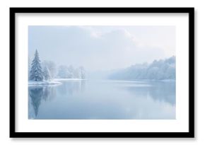 A snow-covered landscape with frosted trees and a frozen lake reflecting the winter sky Perfect for winter wonderland, seasonal, or nature themes Tranquil and serene winter scene , snow, crystal