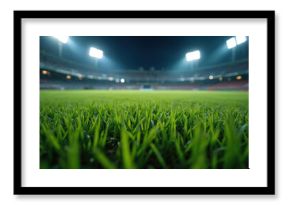 Vibrant close up of fresh green grass on stadium sport field at night. Bright stadium lights powerfully illuminate pristine playing turf. Empty arena stands ready for big game, major athletic