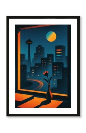 Vibrant cityscape with moonlight.