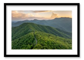 Nature landscape of Mt Mitchell in Appalachian mountains at sunrise. Mountain forest with green canopies in summer season