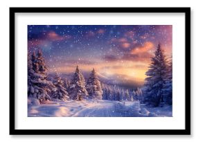 An enchanting winter road decorated and covered with snow, surrounded by a magical, peaceful atmosphere.