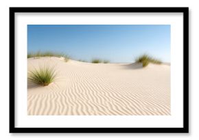 Gentle dunes with soft grass under clear blue sky create serene landscape