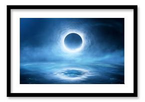 Fantasy night water landscape. Dark night scene, cold planet over water.