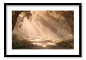 Sunbeams filtering through dense foliage onto a winding dirt path in a misty forest landscape