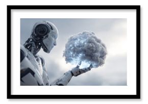 Futuristic humanoid robot touching digital cloud. Cloud computing and data storage concept