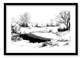 Winter scene with frozen pond and snowy bushes for seasonal design