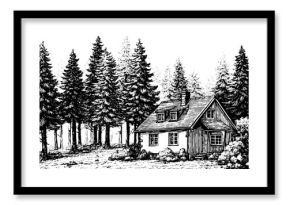 Rustic forest house surrounded by pines in vintage engraving style for retro design