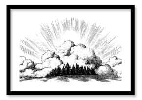 Vintage burst pattern with dense engraved rays and cloud silhouette illustration for retro designs