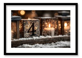 Vierter Advent schnee panorama Kerze mit Zahl dekoriert weihnachten Aventszeit holz hintergrund lichter bokeh / fourth sunday advent