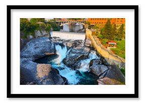 Majestic Spokane River Falls at Downtown during Golden Sunrise.