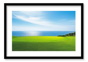 Beautiful green grass lawn with a blue sky and sea background