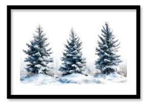  trees covered in snow, isolated on a transparent background, winter landscape