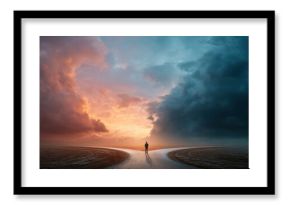 Man stands at a fork in the road under contrasting sky, symbolizing choice and decision making in complex business or life situations.