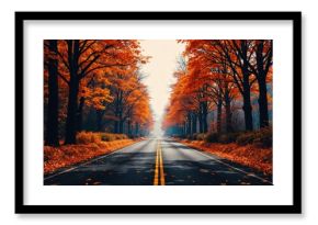 Golden autumn trees line a deserted road with fallen leaves creating a scenic fall landscape