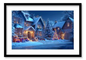 Escena navideña hogareña con luces y nieve, evocando calidez, unión familiar y magia invernal festiva.Casa cubierta de nieve con luces navideñas, árbol iluminado, regalos y cielo estrellado nocturno.