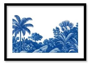 Stylized landscape featuring silhouetted palm trees and lush, botanical foliage in a tranquil, minimalist blue tone.