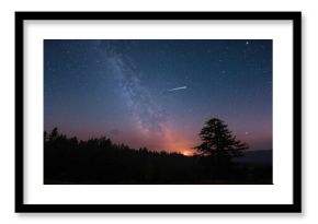Evening sky featuring a meteor shower, shooting stars, and the Milky Way, ideal for astronomy enthusiasts
