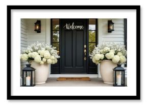 Entrance to modern farmhouse with black door. Welcome mat lies on porch in front of door. Vases with white flowers flank entrance. Lanterns illuminate elegant home decor style.