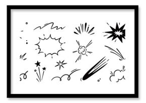 Comic line speed effect cartoon explosive vector set. Hand drawn sketch doodle comic line speed motion, explosive cartoon burst, boom energy, impact power action element. Vector illustration
