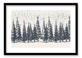 Winter Forest Landscape Vector Banner Design. Vintage Style Xmas Background Design with Fir Trees Landscape. Winter Template for Postcard, Banner, Print Design.
