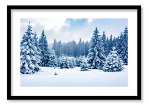 Beautiful blue winter landscape with snow-covered pine trees and frozen mountain forest scene