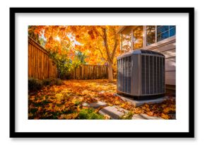 Ac unit in autumn backyard with fallen leaves