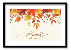 Illustration of autumn leaves and berries on top with the text "Harvest Greetings", representing seasonal theme, autumn time, and festive greetings