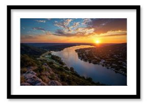 Breathtaking Aerial View of Lago Vista Texas at Sunset: A Hill Country Landscape Overlooking the River and Town