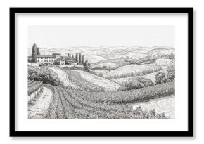 Black and white illustrations of a Tuscan landscape, artistic representation of rural scenery