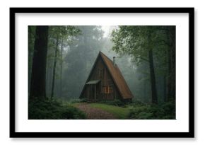 Wooden triangular cabin nestled in the woods during rainy weather