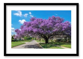 A jacaranda tree in full bloom with bright purple flowers providing shade over a tranquil suburban road beneath a clear blue sky, seasonal change