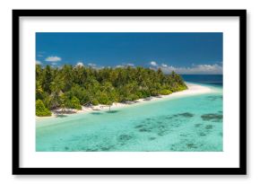 Stunning aerial view pristine tropical Maldives island dense green jungle lush palm trees white sandy shore shallow turquoise coral reef water Ideal luxury travel destination background summer holiday