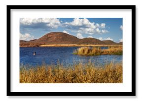 lake, dam at Mokolodi Nature Reserve, Egyptian goose landing on water, natural african reserve , hill range, located near Gaborone, Botswana