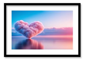 A pink cloud shaped like a heart floats above the water, reflecting and refracting its colors across the surface. 