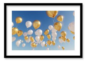 gold and white balloons floating against a blue sky on new years eve  