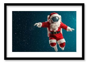 Santa Claus as an astronaut floating in space with a red and white spacesuit